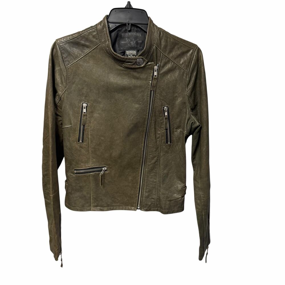True Religion Green Leather Moto Jacket Womens Medium Distressed Grunge AS IS
